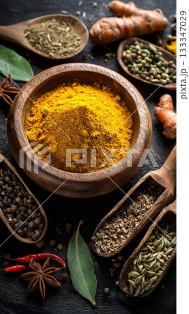 Colorful Spices Laid out in Wooden Bowls on a Dark Surface Create a Pleasing Arrangement for Cooking Colorful Spices Laid out in Wooden Bowls on a Dark Surface Create a Pleasing Arrangement for Cooking 133347029