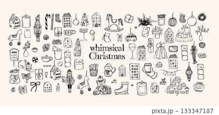 Whimsical trendy doodle elements set of cozy Christmas . Hand drawn coquette vector illustration set 133347187