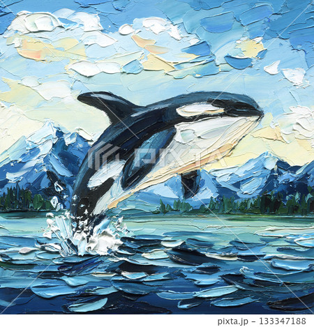 Orca jumping over blue ocean water with mountain landscape in vibrant impasto acrylic painting for nature wall art 133347188