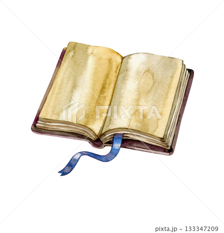 Hand-painted vintage open book with aged pages and a blue ribbon bookmark. Ideal for storytelling themes, education projects, invitations, literature designs, posters, and branding. Hand-painted vintage open book with aged pages and a blue ribbon bookmark. Ideal for storytelling themes, education projects, invitations, literature designs, posters, and branding. 133347209
