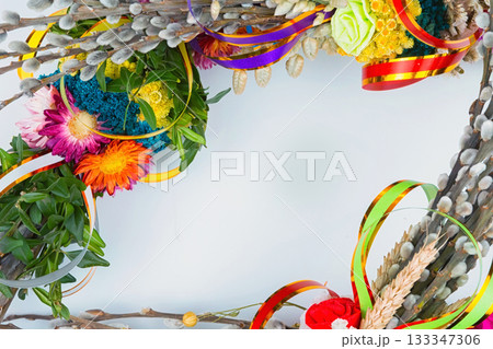 willow Sunday background of willow branches, willow bouquets. Easter top view. place for text 133347306