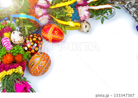 willow Sunday background of willow branches, willow bouquets. Easter top view. place for text 133347307