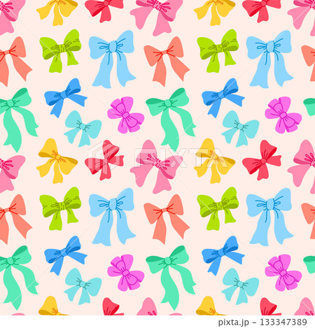 Ribbon bow seamless pattern vector in flat doodle style with multicolored hand drawn sketch bows arranged in a repeating design. 133347389