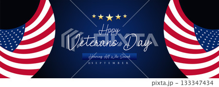 Happy Veterans Day Honoring All Who Served Banner Template. 11 November USA Veteran Day National Holiday Web Banner Background With American Flag For Brochure, Cover, Poster, Header, Greeting Card 133347434