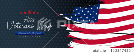 Happy Veterans Day Honoring All Who Served Banner Template. 11 November USA Veteran Day National Holiday Web Banner Background With American Flag For Brochure, Cover, Poster, Header, Greeting Card 133347436