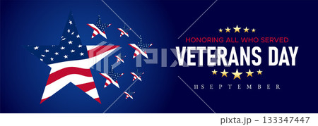 Happy Veterans Day Honoring All Who Served Banner Template. 11 November USA Veteran Day National Holiday Web Banner Background With American Flag For Brochure, Cover, Poster, Header, Greeting Card 133347447