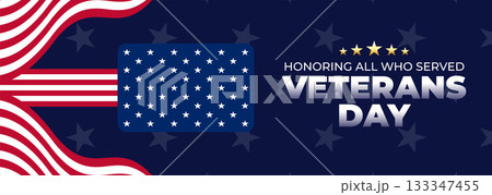 Happy Veterans Day Honoring All Who Served Banner Template. 11 November USA Veteran Day National Holiday Web Banner Background With American Flag For Brochure, Cover, Poster, Header, Greeting Card Happy Veterans Day Honoring All Who Served Banner Template. 11 November USA Veteran Day National Holiday Web Banner Background With American Flag For Brochure, Cover, Poster, Header, Greeting Card 133347455