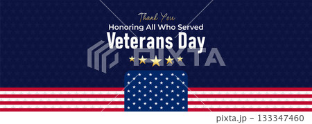 Happy Veterans Day Honoring All Who Served Banner Template. 11 November USA Veteran Day National Holiday Web Banner Background With American Flag For Brochure, Cover, Poster, Header, Greeting Card 133347460