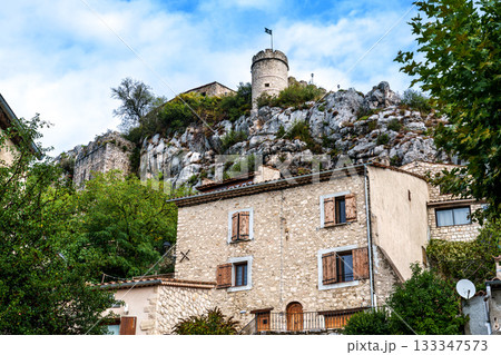 The narrow streets of the old village Trigance in Provence, France 133347573