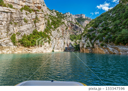 Boat trip on turquoise water of mountain canyon, Verdon Gorge in french Alps, Provence France. 133347596