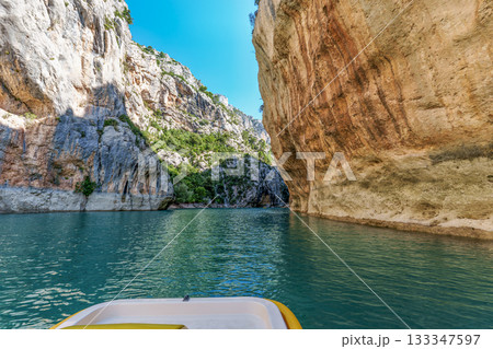 Boat trip on turquoise water of mountain canyon, Verdon Gorge in french Alps, Provence France. Boat trip on turquoise water of mountain canyon, Verdon Gorge in french Alps, Provence France. 133347597