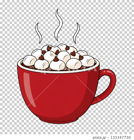 A red mug filled with hot cocoa topped with marshmallows. 133347730