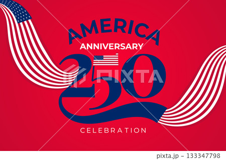 America 250 Anniversary Wave Ribbon Style Banner.Red White Blue Flowing Celebration Background 133347798
