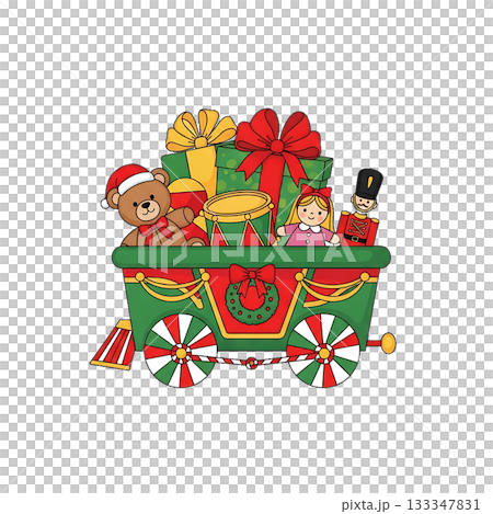 A festive gift cart filled with toys, greenery, and red ribbons. A festive gift cart filled with toys, greenery, and red ribbons. 133347831