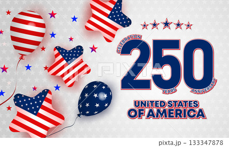 American 250 Celebration Party Elements Banner. USA Balloons Stars Festive Background American 250 Celebration Party Elements Banner. USA Balloons Stars Festive Background 133347878