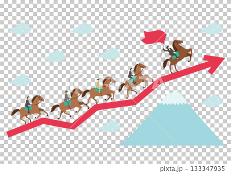An illustration of an arrow representing the Year of the Horse, Mount Fuji, and a horse ridden by a businessman_Female leader An illustration of an arrow representing the Year of the Horse, Mount Fuji, and a horse ridden by a businessman_Female leader 133347935