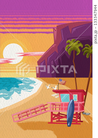 Vintage California beach sunset with lifeguard tower and retro coastal scenery 133347944