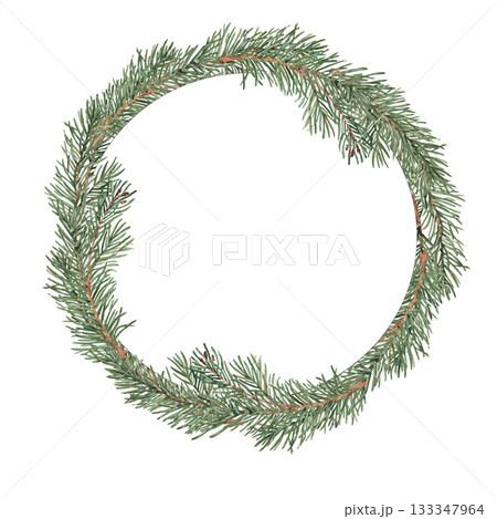 Watercolor fir, pine branches circle frame, wreath. Hand drawn watercolor illustration of evergreen winter plant. Perfect for Christmas or New Year and winter design, invitations, cards and products. 133347964