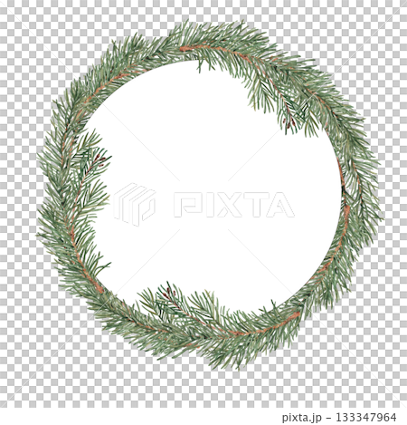 Watercolor fir, pine branches circle frame, wreath. Hand drawn watercolor illustration of evergreen winter plant. Perfect for Christmas or New Year and winter design, invitations, cards and products. Watercolor fir, pine branches circle frame, wreath. Hand drawn watercolor illustration of evergreen winter plant. Perfect for Christmas or New Year and winter design, invitations, cards and products. 133347964