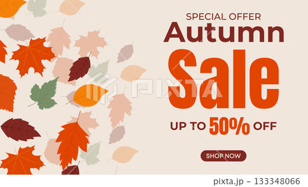 Autumn Sale Banner with Bold Orange Text and Colorful Leaves, Ideal for Eye-Catching Promotions 133348066