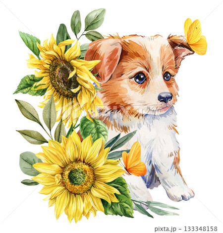 Puppy with bright yellow sunflowers and butterfly in cheerful summer watercolor botanical illustration 133348158