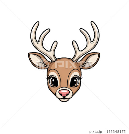 A cute reindeer face with big eyes and soft brown antlers. 133348175