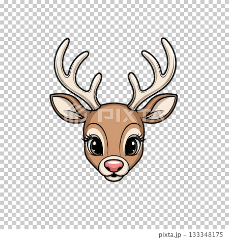 A cute reindeer face with big eyes and soft brown antlers. 133348175