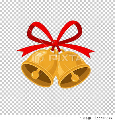 Two golden jingle bells tied with a red ribbon. 133348255