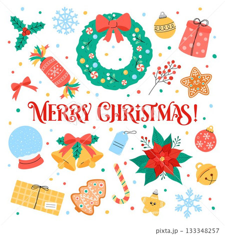 Merry Christmas vector card, cute greetings square design. Festive ornaments, jingle bells, Xmas holiday symbols for December seasonal greetings. Merry Christmas text. Flat and doodle style. 133348257