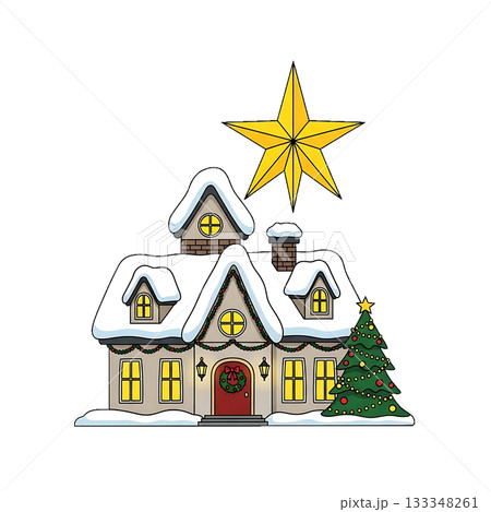 A snowy house decorated with lights and a golden star on top. 133348261