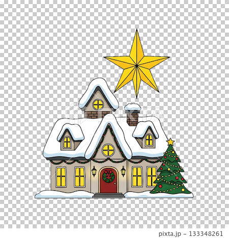 A snowy house decorated with lights and a golden star on top. 133348261