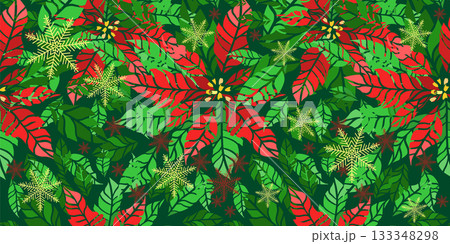 Seamless Christmas background with flower and Christmas star. Hand drawn. Not AI, vector illustration. 133348298
