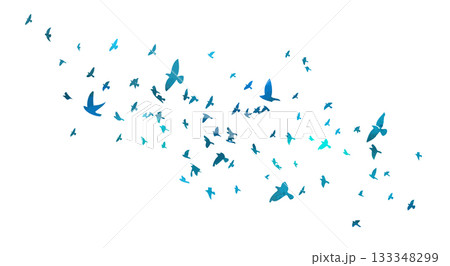 Flying birds blue silhouette flock. hand drawing. Not AI. Vector illustration 133348299