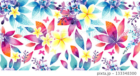 Seamless background with watercolor abstract flowers and Plumeria. Hand drawn. Not AI, vector illustration. 133348300