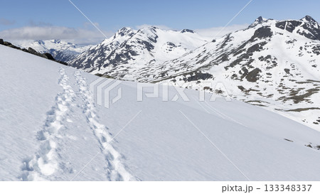 Footprints in pristine snow reveal recent exploration in Leirdalen's stunning snowy landscape 133348337