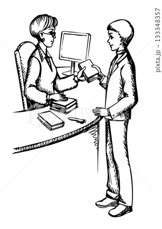 Vector drawing. Young boy and woman receptionist 133348357