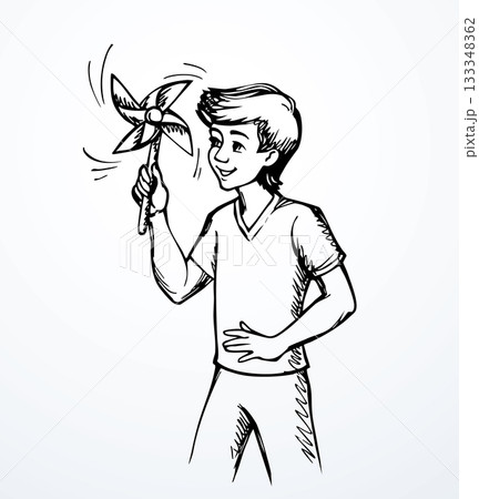 Vector drawing. A boy with a wind toy 133348362