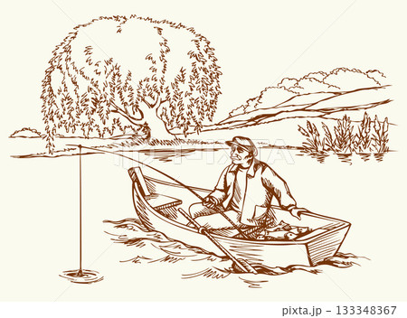 Vector drawing. Fisherman in the boat 133348367