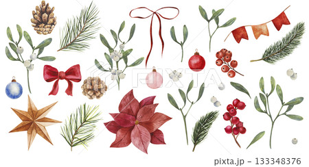 Hand drawn Christmas set illustration with watercolor elements. mistletoe pine cones, branches, berries, ribbons, poinsettia for cards decor packaging textile print art winter design use Hand drawn Christmas set illustration with watercolor elements. mistletoe pine cones, branches, berries, ribbons, poinsettia for cards decor packaging textile print art winter design use 133348376