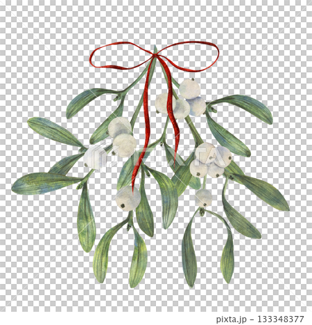 Hand drawn Christmas vibe mistletoe illustration with green leaves, white berries and red ribbon in watercolor style, festive palette for winter cards decor, packaging, textile, print, art element Hand drawn Christmas vibe mistletoe illustration with green leaves, white berries and red ribbon in watercolor style, festive palette for winter cards decor, packaging, textile, print, art element 133348377