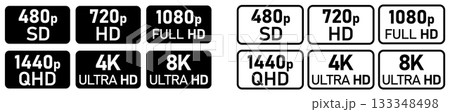 Set of simple video or movie resolution icons, number in rounded rectangle, black and white version 133348498