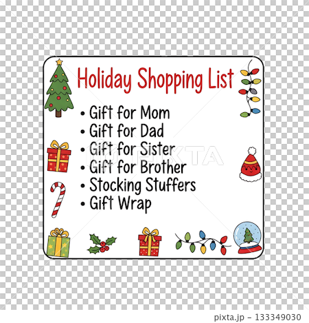 A holiday shopping list icon with colorful icons and handwritten notes. 133349030