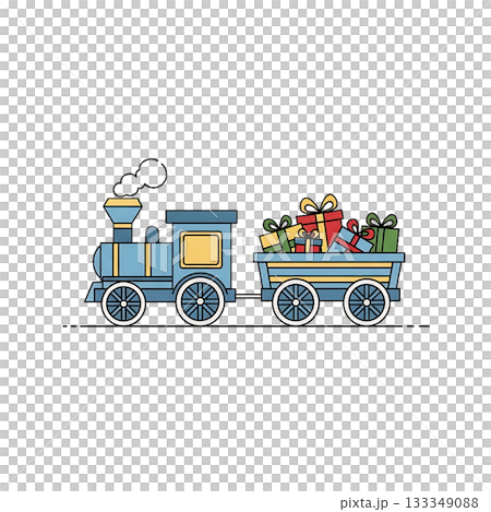 A small holiday train icon carrying presents in festive wagons. 133349088