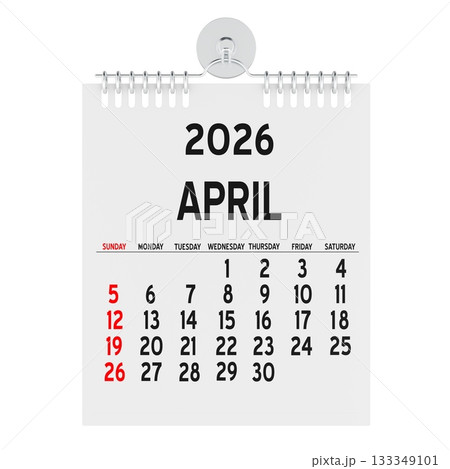 April 2026, wall calendar page. 3D rendering 133349101