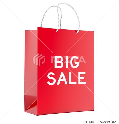 Big Sale, red shopping bag. 3D rendering Big Sale, red shopping bag. 3D rendering 133349102