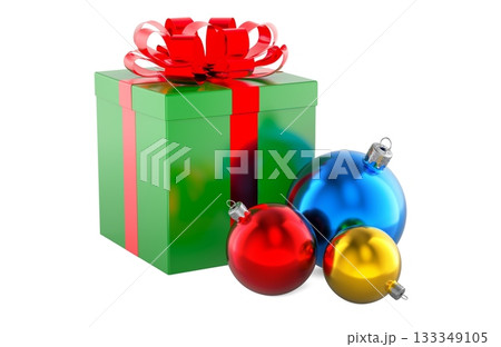 Christmas gift box with colorful baubles. 3D rendering Christmas gift box with colorful baubles. 3D rendering 133349105