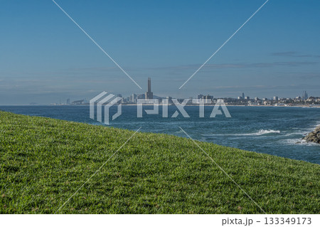 Barcelona cityscape featuring its prominent buildings and coastal line under a clear blue sky, viewed across the calm Mediterranean Sea with a foreground of vibrant green grass. Barcelona cityscape featuring its prominent buildings and coastal line under a clear blue sky, viewed across the calm Mediterranean Sea with a foreground of vibrant green grass. 133349173