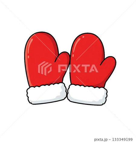 Red winter mittens icon with white fluffy cuffs, symbolizing warmth and holiday coziness. 133349199