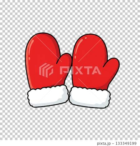 Red winter mittens icon with white fluffy cuffs, symbolizing warmth and holiday coziness. 133349199