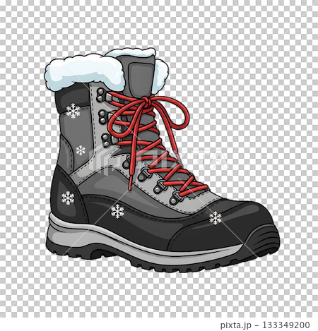 A sturdy winter boot icon with fur trim, snowflakes, and red laces for cold weather. 133349200